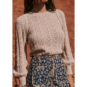 SEZANE Neutral Beige Crochet Cotton Knit Braided Balloon Sleeve Maxen Sweater